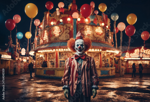 Spooky clown person character at night next to circus tent. Scene In style of horror movie