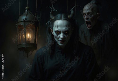 A sinister figure with horns and an eerie white mask stands in darkness, flanked by ominous flickering lanterns, creating an unsettling and demonic atmosphere perfect for Halloween or horror themes.