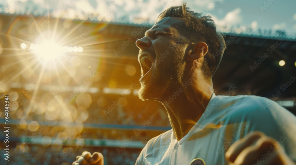 Fototapeta premium A footballer wearing a white t-shirt exuberantly celebrates victory, echoing shouts of joy amidst the grandeur of a football stadium. A passionate celebration following a victorious game.