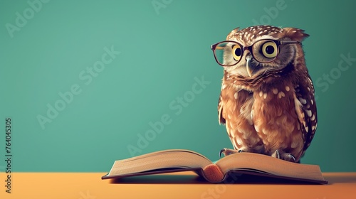 Owl before a solid colored background standing on a book.  photo