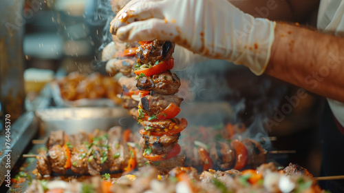 man making a shish kebab on the grill,ai photo