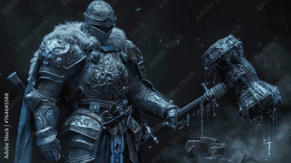 Fototapeta premium Strong medieval knight with a big hammer under the snowy and cold winter sky