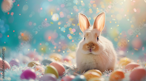 happy easter greeting card or banner with white fur bunny on blurred pastel eggs background © Mahnoor