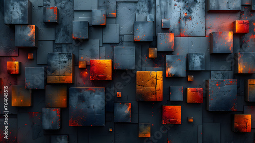 This image showcases a collection of 3D cubes with a contrast of warm orange and cool blue tones, creating a dynamic, abstract pattern