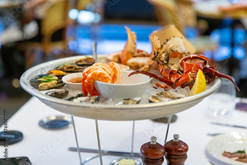 seafood platter with prawns shrimp crabs Balmain bugs oyster clams in a Sydney CBD restaurant NSW Australia 
