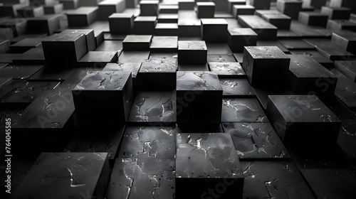 A monochromatic image featuring an array of black cubes with textured surfaces creating a pattern