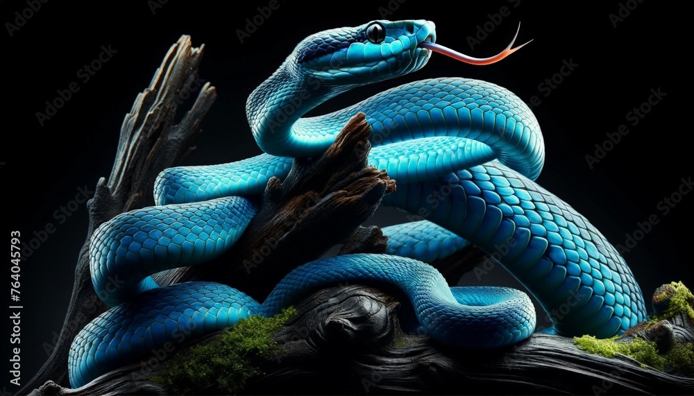Obraz premium Blue Snake with Tongue Out Perched on Tree Branch