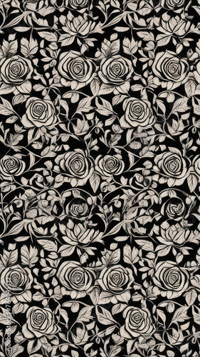 Black and white vintage roses flowers vertical pattern on black background