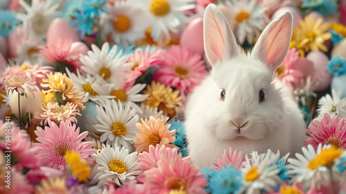 happy easter greeting card or banner with white fur bunny and eggs and pastel flowers in background 