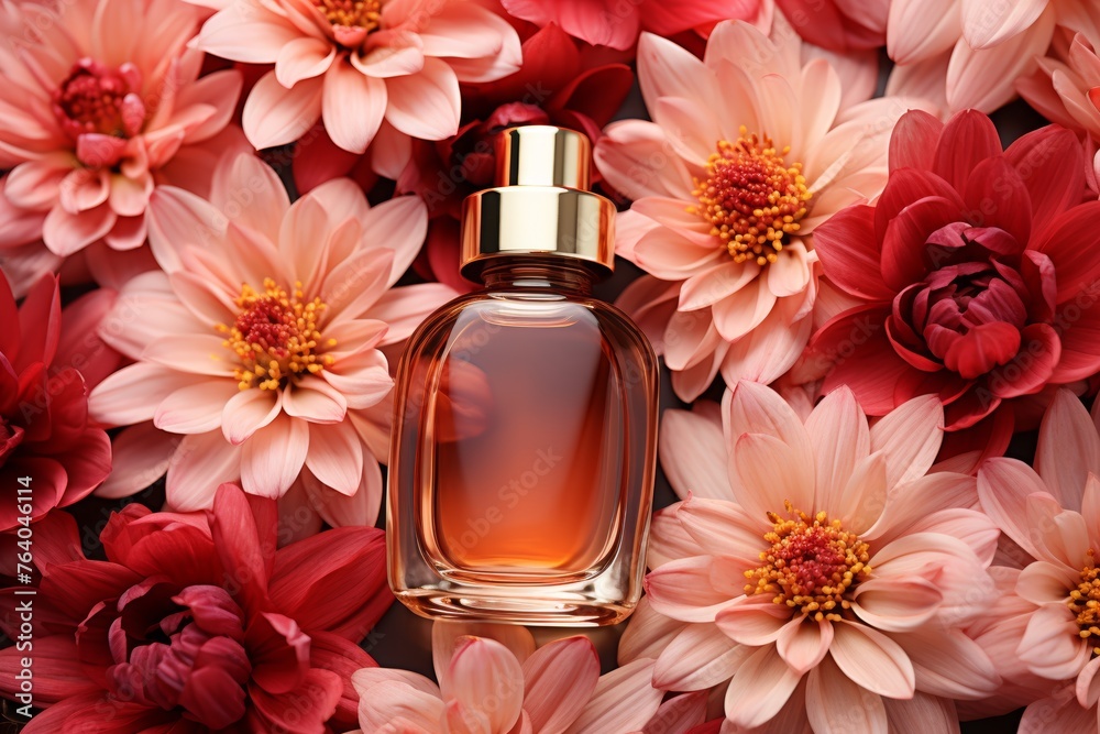 Cosmetics and oils with flowers, top view, bright colors, space for text, realistic setting - obrazy, fototapety, plakaty 