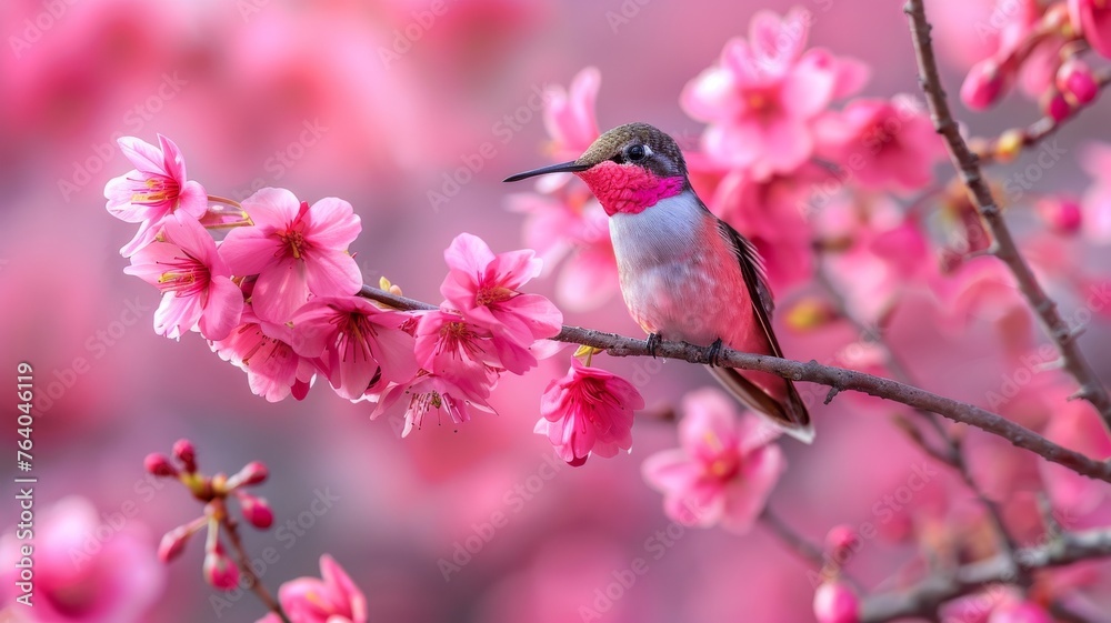 Tiny hummingbird sipping nectar from cherry blossoms, captured in a close-up for a warm, romantic animal background in spring Tiny hummingbird sipping nectar from cherry blossoms, captured in a close-up for a warm, romantic animal background in spring