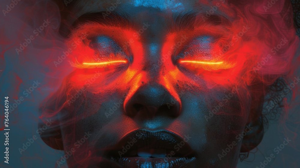 Close-up of woman's glowing red eyes in the dark night, supernatural power, spirituality, magic, neon light