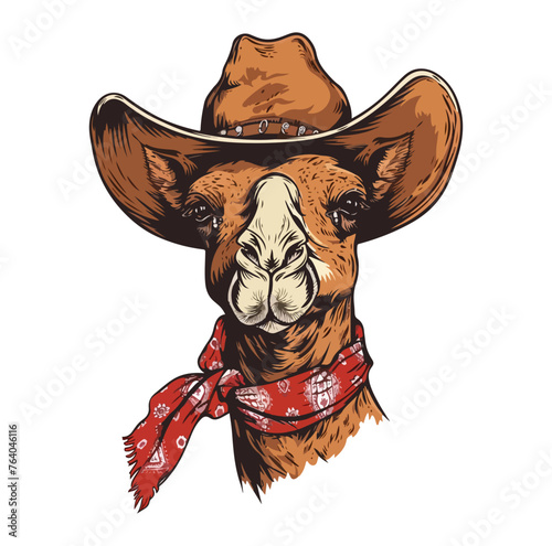 Camel Head wearing wearing cowboy hat and bandana around neck