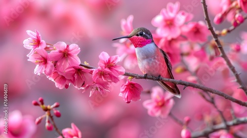 Tiny hummingbird sipping nectar from cherry blossoms, captured in a close-up for a warm, romantic animal background in spring