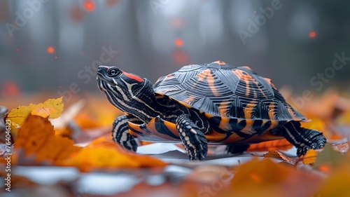 Tiny turtle slowly walking across blank white paper, a slow-moving but cute pet portrait mockup idea on isolated white background photo