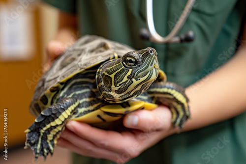 Veterinarian with a turtle in veterinary office during a routine check-up
