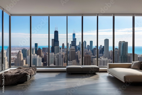 Penthouse living room or office minimalistic modern interior design, floor to ceiling windows with downtown scenic cityscape on sunny day, water view