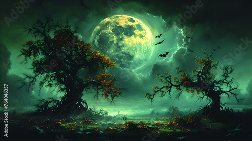 Mysterious Halloween Scene with Full Moon and Eerie Trees, Generative AI