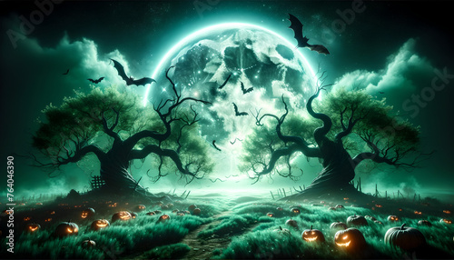 Magical Halloween Night with Glowing Pumpkins Under Moonlight  Generative AI
