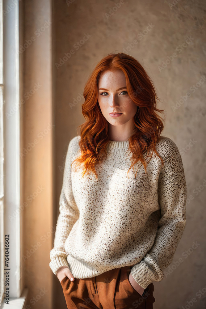 Young woman, teenage girl with red curly hair smiles, stands in front of the window, wearing sweater, jumper and trousers of beige and red trendy colors Young woman, teenage girl with red curly hair smiles, stands in front of the window, wearing sweater, jumper and trousers of beige and red trendy colors
