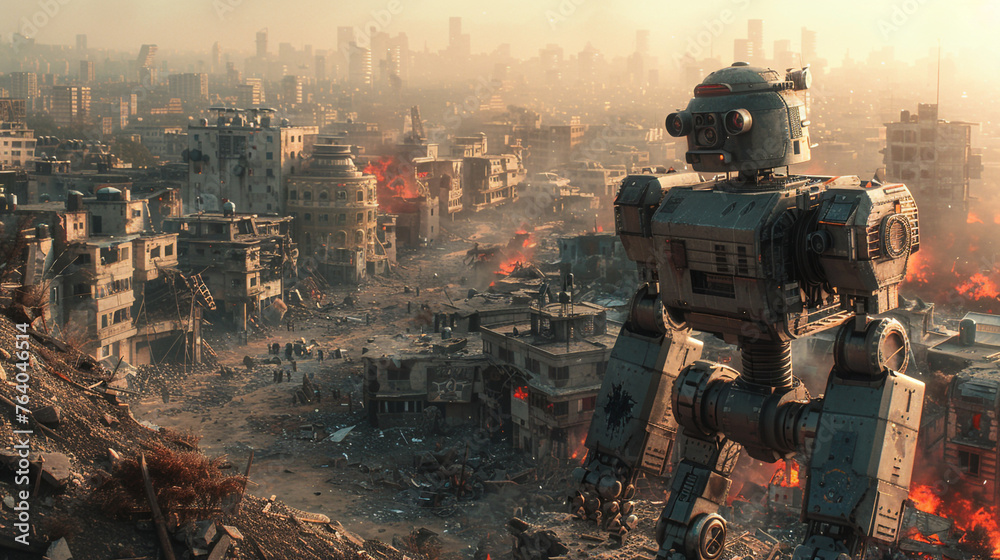 Military robots in a destroyed city. Future apocalypse concept. 3d rendering