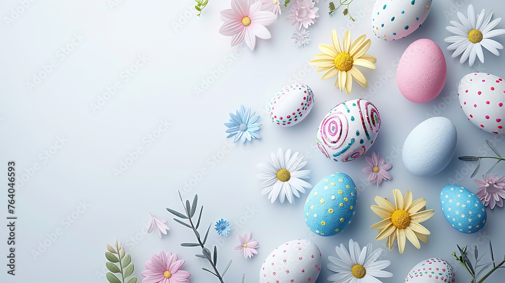 happy easter greeting card with pastel eggs and small flowers white background	