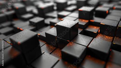 Vivid, contrasting image of black cubes against orange, glowing linear accents