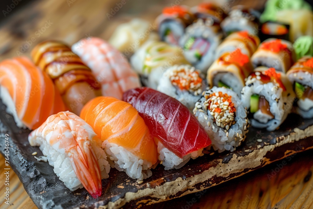 Assorted Sushi and Sashimi Platter on Wooden Table Japanese Cuisine, Fresh Ingredients, Culinary Art Assorted Sushi and Sashimi Platter on Wooden Table Japanese Cuisine, Fresh Ingredients, Culinary Art