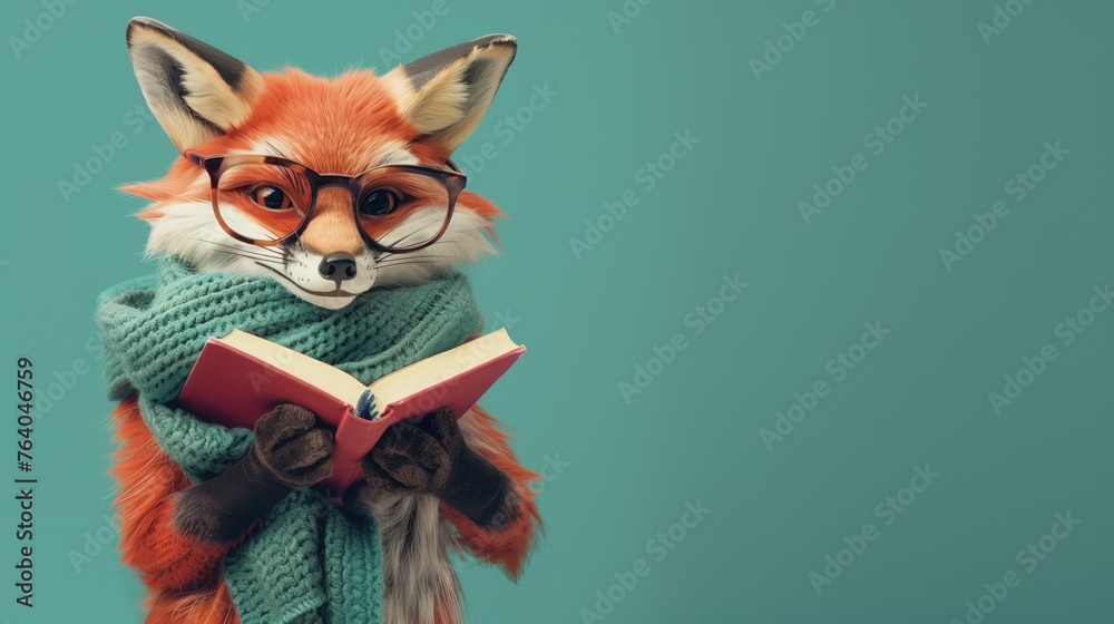 Cute fox before a solid teal colored background with a book in his hand. Education, reading.