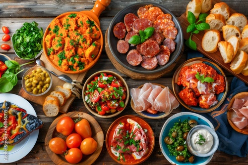 Assorted Mediterranean Dishes Spread Out on Rustic Wooden Table Featuring Tapas, Seafood, and Fresh Vegetables