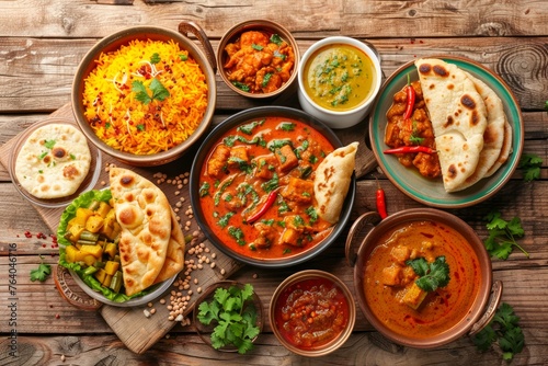 Assorted Indian Cuisine Dishes on Wooden Background, Traditional Spicy Food Varieties