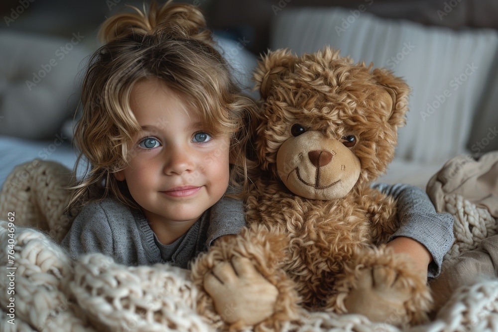Young child with deep blue eyes hugging a teddy bear, symbolizing childhood attachment and comfort Young child with deep blue eyes hugging a teddy bear, symbolizing childhood attachment and comfort