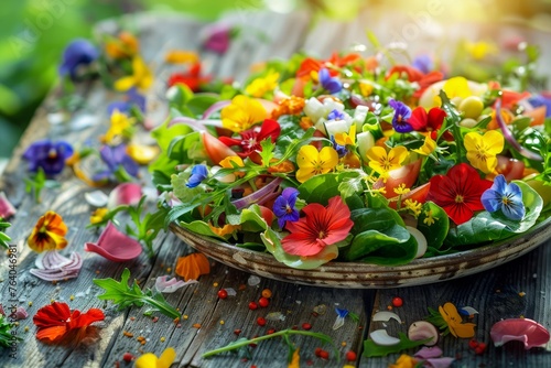 Fresh Edible Flower Salad in a Rustic Basket, Colorful Gourmet Dish with Vibrant Blooms and Greens, Outdoor Nature Setting