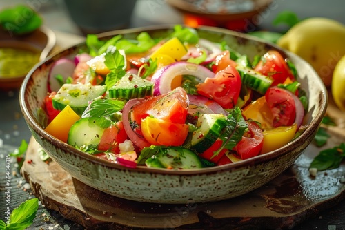 Fresh Organic Garden Salad with Ripe Tomatoes  Cucumbers  Onions  Bell Peppers  Basil in Rustic Bowl on Dark Background