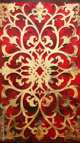 Intricate Stencil Background Pattern of an Arabesque Tile in Red and Gold created with Generative AI Technology