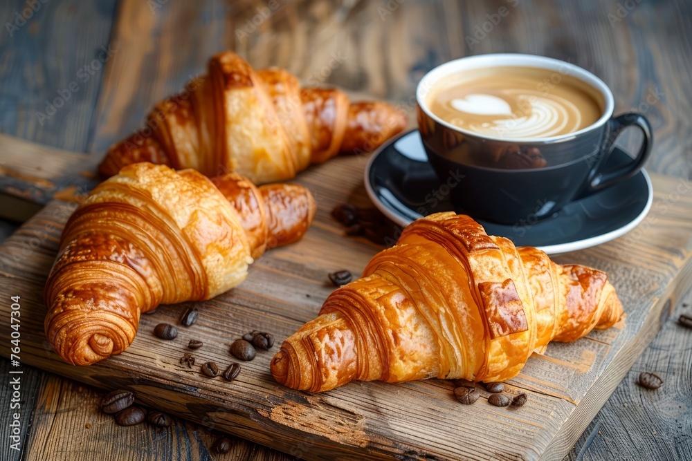 Freshly Baked Croissants on Wooden Board with Cup of Cappuccino and Coffee Beans