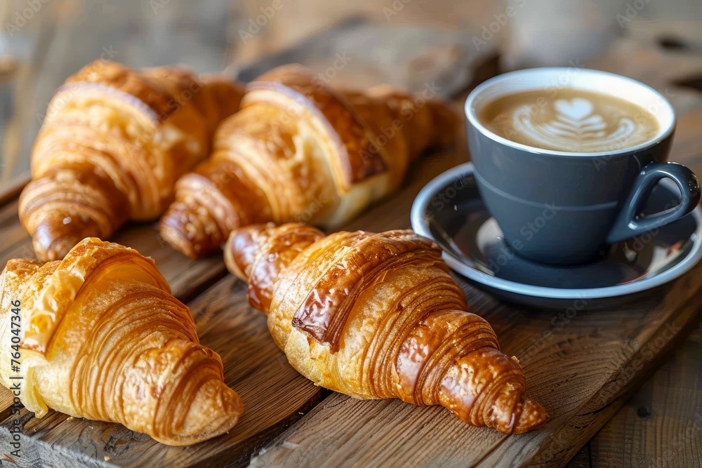 Freshly Baked Golden Croissants Paired with a Cup of Creamy Latte Art Coffee on a Wooden Table Setting