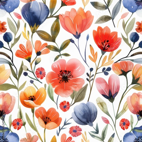 Seamless floral pattern created with watercolors.