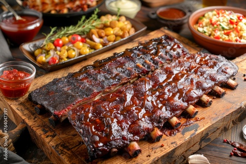 Gourmet BBQ Ribs on Wooden Board with Assorted Grilled Vegetables and Dips in Rustic Setting