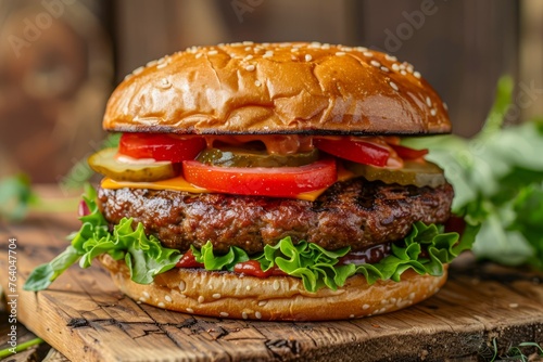 Juicy Grilled Beef Burger with Fresh Lettuce, Tomato, Onions, and Pickles on a Rustic Wooden Table