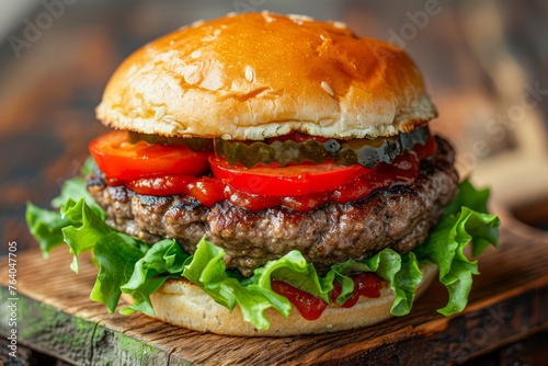 Juicy Grilled Beef Burger with Fresh Lettuce, Tomato, Pickles, and Savory Sauce on a Toasted Bun on Rustic Wooden Background