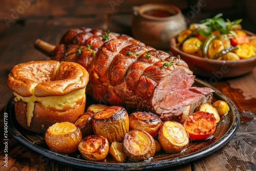 Rustic Roasted Lamb Leg Platter with Potatoes, Vegetables, and Bread on Wooden Table photo