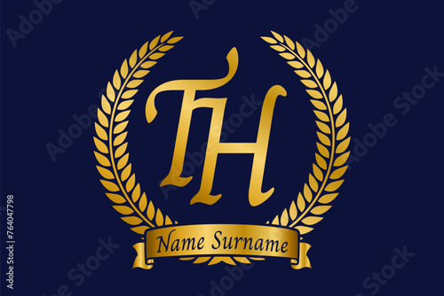 Initial letter T and H, TH monogram logo design with laurel wreath. Luxury golden calligraphy font.