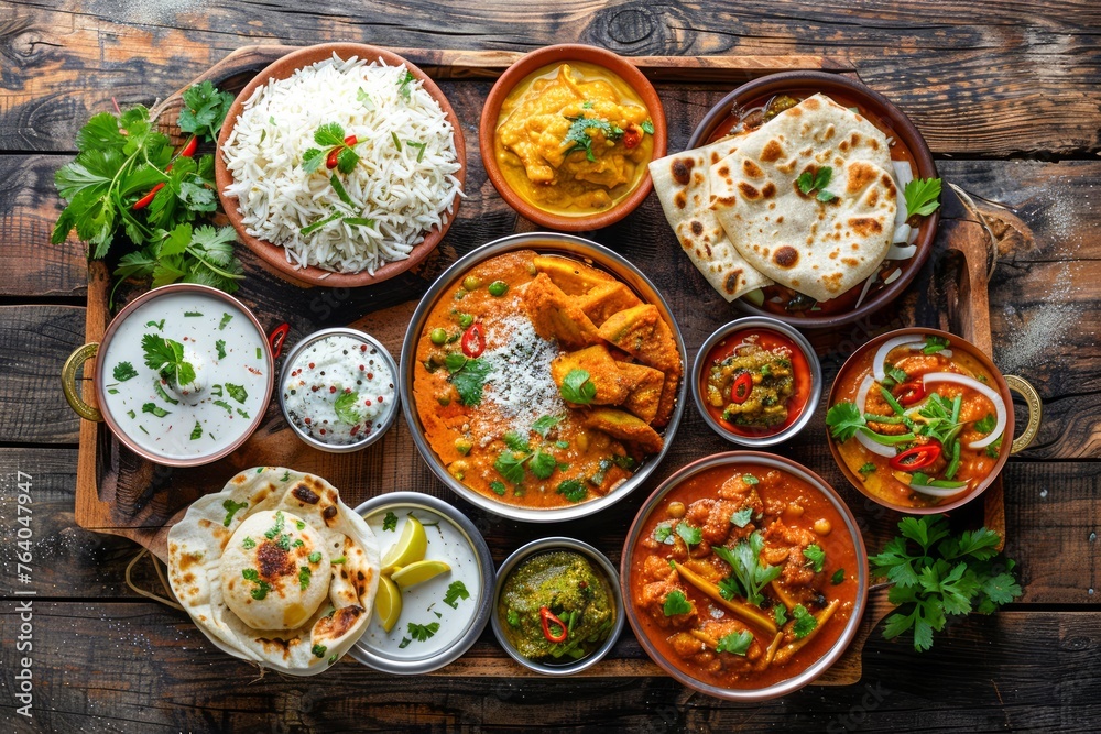 Traditional Indian Cuisine Assortment, Various Curry Dishes with Rice and Naan Bread on Rustic Wooden Background