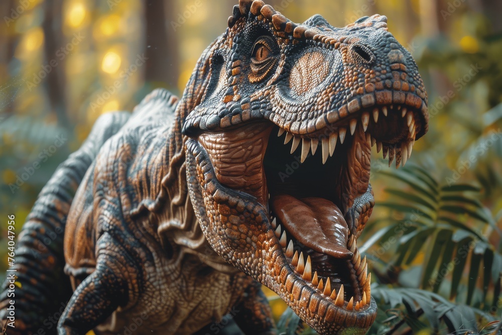 Intense close-up of a roaring Velociraptor model, featuring its sharp teeth and detailed skin texture in the heart of a dense jungle Intense close-up of a roaring Velociraptor model, featuring its sharp teeth and detailed skin texture in the heart of a dense jungle