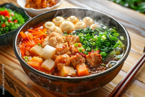 Traditional Asian Hot and Spicy Soup with Meatballs, Tofu, and Vegetables in Ceramic Bowl on Wooden Table photo