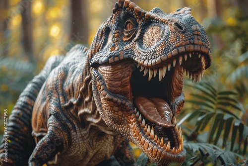 Intense close-up of a roaring Velociraptor model  featuring its sharp teeth and detailed skin texture in the heart of a dense jungle