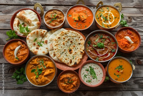 Traditional Indian Cuisine Assortment with Curries, Rice, and Naan Bread on Rustic Wooden Background
