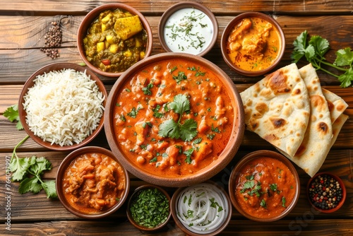 Traditional Indian Feast with Chicken Tikka Masala, Rice, Naan, and Various Side Dishes on Wooden Table