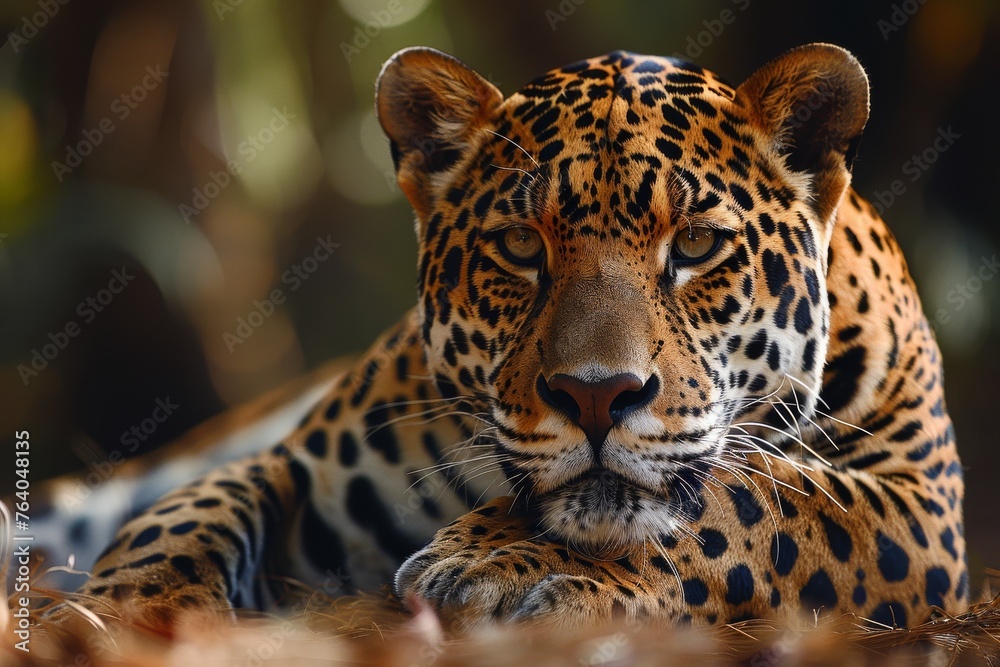 Obraz premium Captivating image of a leopard at rest, exuding elegance and power amidst the forest floor